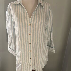 Anne Klein womens striped linen blouse gold buttons M
